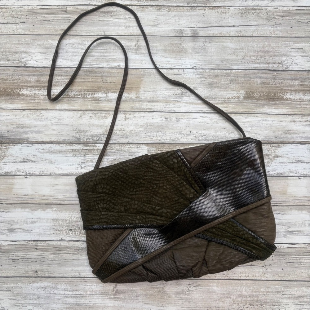 VTG 80s Cynthia Lockhart Crossbody Bag Purse Olive Mixed Media Reptile Patchwork
